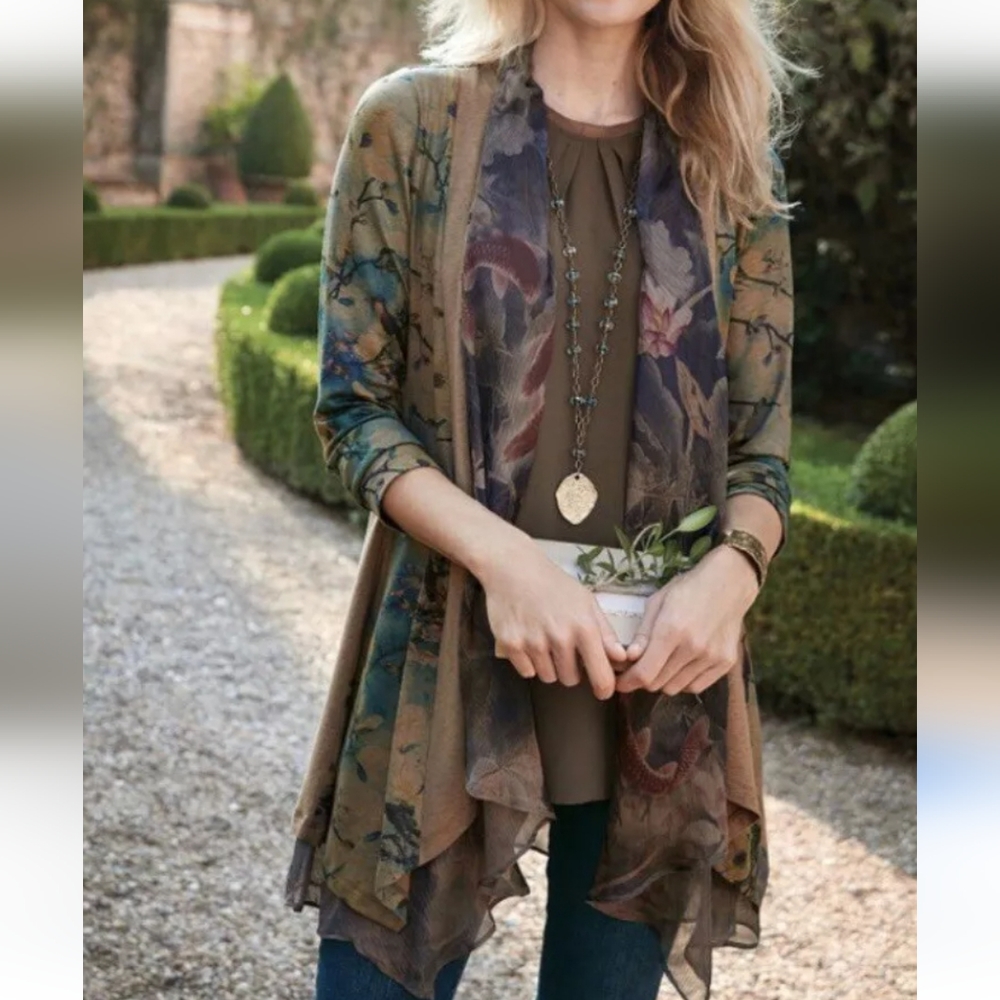 Soft Surroundings PM Bird Print‎ Topper Cardigan Duster Jacket Asymmetraical